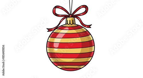 Red and Gold Striped Christmas Bauble with Red Ribbon Bow - Festive Hanging Holiday Ornament Illustration