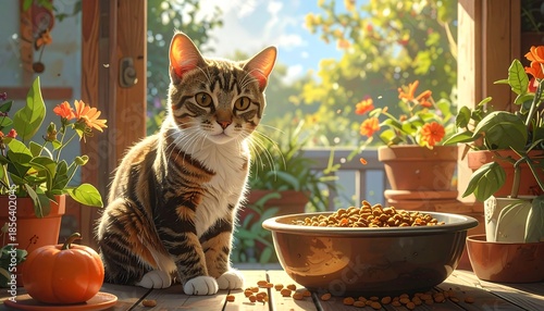 Charming tabby cat portrait with food bowl and autumnal plants in sunlit outdoor setting
