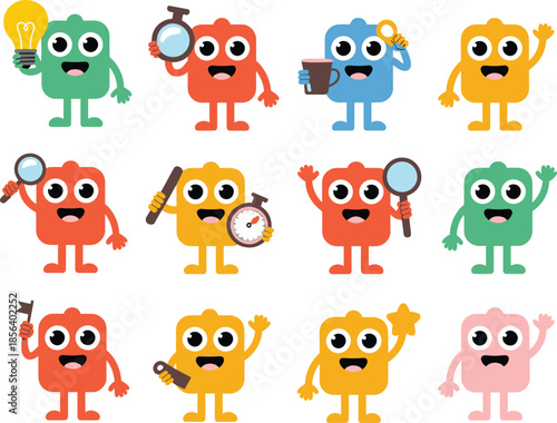 Cute character mascot set with lightbulb, magnifying glass, timer, and star icons, for business productivity, creative ideas, and marketing concepts.