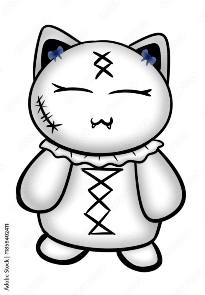 Naklejka premium Cute Gothic Cat Plush – Chibi Stitched Doll