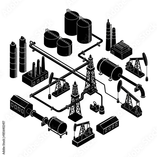 Isometric black and white illustration of an oil and gas industry complex with derricks, pipelines, storage tanks, and refinery buildings.