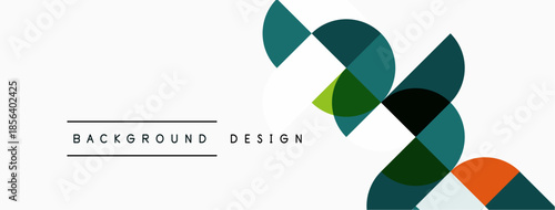 Abstract geometric shapes overlap, creating modern design. Colors include green, orange, teal, gray. Minimalist aesthetic, clean lines present.