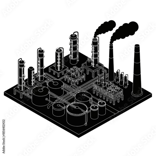 Isometric black and white illustration of an industrial oil refinery or chemical plant with smokestacks and storage tanks.