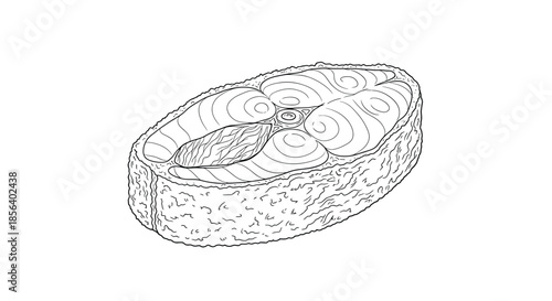 Fresh Salmon or Tuna Fish Steak Sketch - Hand Drawn Black and White Seafood Cross Section Illustration for Culinary and Menu Design