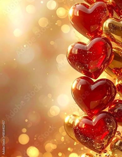 ルビーのように煌めくハートの縦型背景：黄金の光とボケ味が彩るラグジュアリーな空間