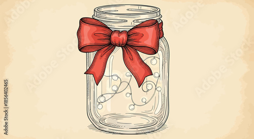 Empty Glass Mason Jar with Red Ribbon Bow - Hand Drawn Festive Gift Jar Illustration with String Lights