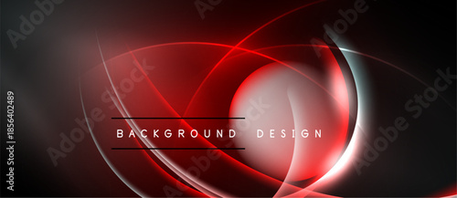 Abstract red design features flowing lines, curves, glowing effects. Dark background enhances vibrant color contrast, modern aesthetic.