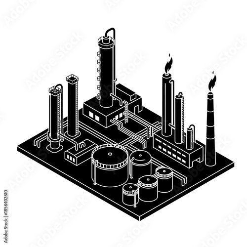 Isometric black and white illustration of a large industrial oil refinery or chemical plant with various structures and chimneys.