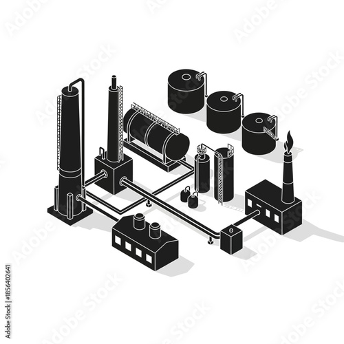 Isometric black and white illustration of an industrial oil refinery or chemical plant with tanks, towers, pipes, and buildings, depicting a complex manufacturing process.