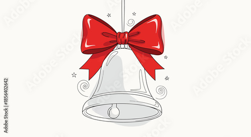 Silver Christmas Bell with Large Red Ribbon Bow - Festive Holiday Decoration Illustration Isolated on White Background