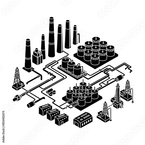 Industrial facility with storage tanks and production units.