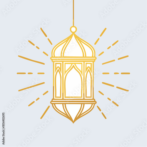 Elegant golden traditional Arabic lantern vector icon with radiating light, featuring intricate geometric details, perfect for cultural and festive designs