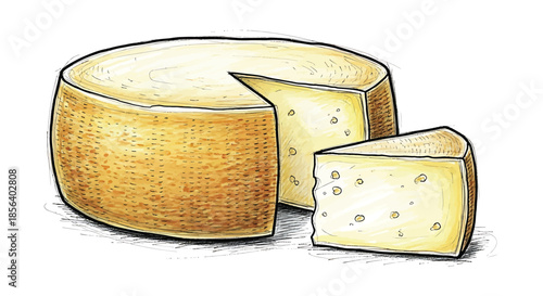 Gourmet Cheese Wheel with Slice - Hand Drawn Sketch of Aged Hard Cheese for Culinary, Deli, and Wine Pairing Concepts