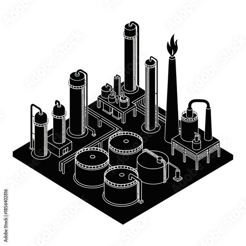 Isometric black and white illustration of an oil refinery or chemical plant with storage tanks, distillation columns, and a flaring chimney.