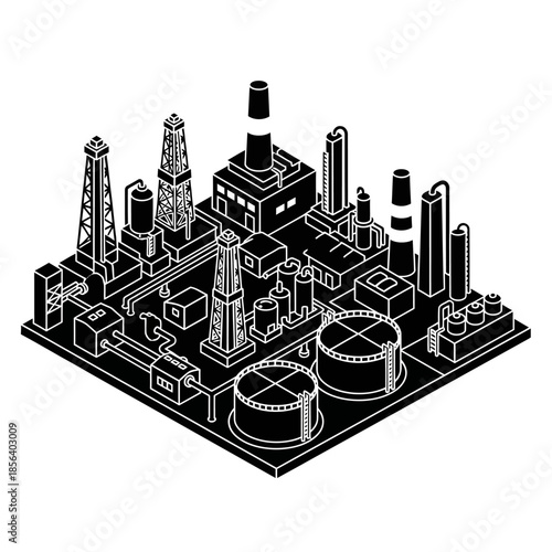 Isometric black and white illustration of an industrial oil refinery or chemical plant with various structures and storage tanks.