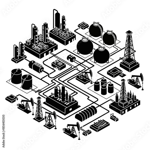 Isometric black and white illustration of an oil and gas industry complex with refineries, storage tanks, drilling rigs, and interconnected pipelines.