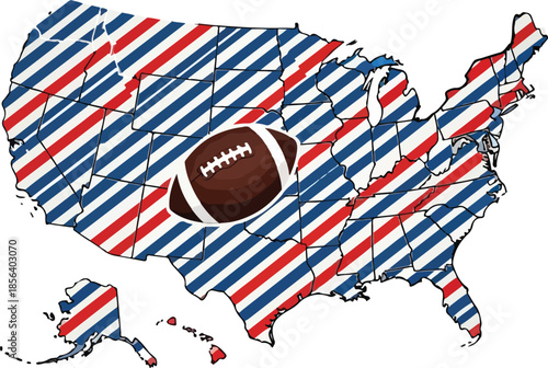 Map of the United States with American Football and Red White and Blue Stripes Design , Generative Ai
