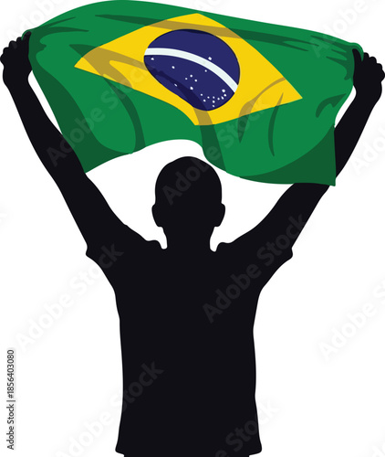 Enthusiastic Fan Silhouette Holding Up the Brazilian Flag to Celebrate a Victory or National Event , Generative Ai