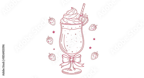Strawberry Milkshake with Whipped Cream and Cute Berries - Pink Line Art Illustration for Summer Cafe Menu
