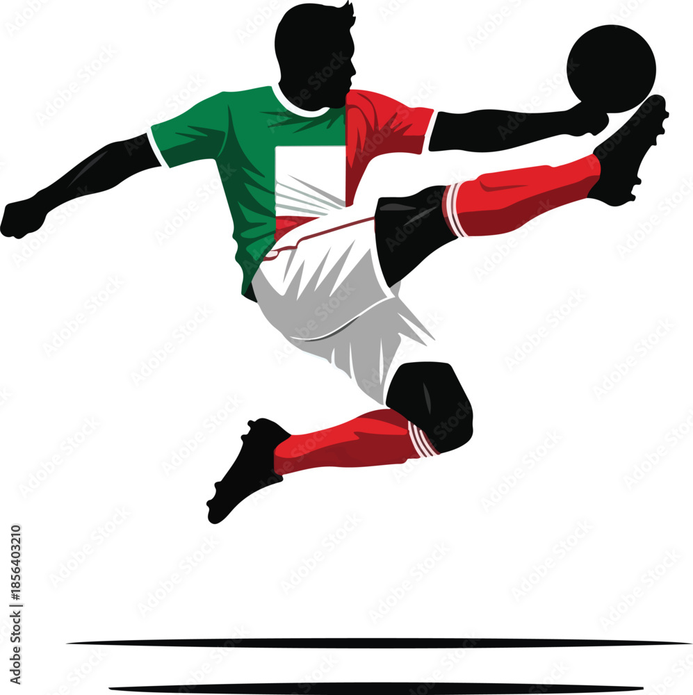 Naklejka premium Dynamic Silhouette of an Italian Football Player in Action Kicking a Soccer Ball , Generative Ai