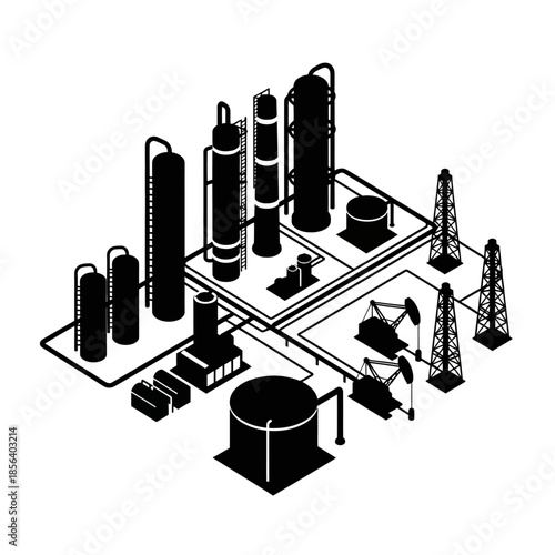 Industrial oil refinery complex with storage tanks and pumping equipment.