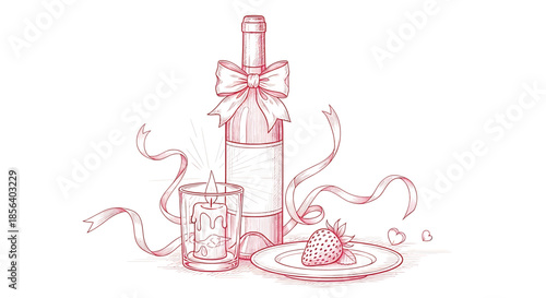 Romantic Wine Bottle with Ribbon Bow, Burning Candle and Strawberry - Pink Line Art Illustration for Valentine's Day