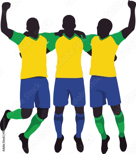 Group of Three Soccer Players in Yellow and Green Uniforms Celebrating a Victory with Raised Arms , Generative Ai