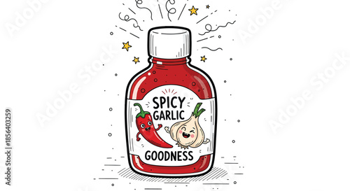 Spicy Garlic Sauce Bottle Illustration - Cute Cartoon Chili and Garlic Character Label for Hot Sauce Branding