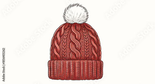 Red Knitted Winter Beanie Hat with White Pom Pom - Cozy Seasonal Headwear Illustration for Cold Weather