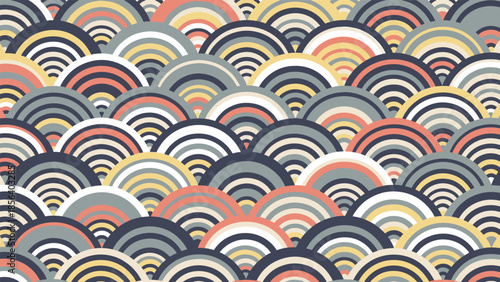 Seamless abstract pattern of colorful concentric semicircles resembling stylized waves, a modern graphic illustration background.