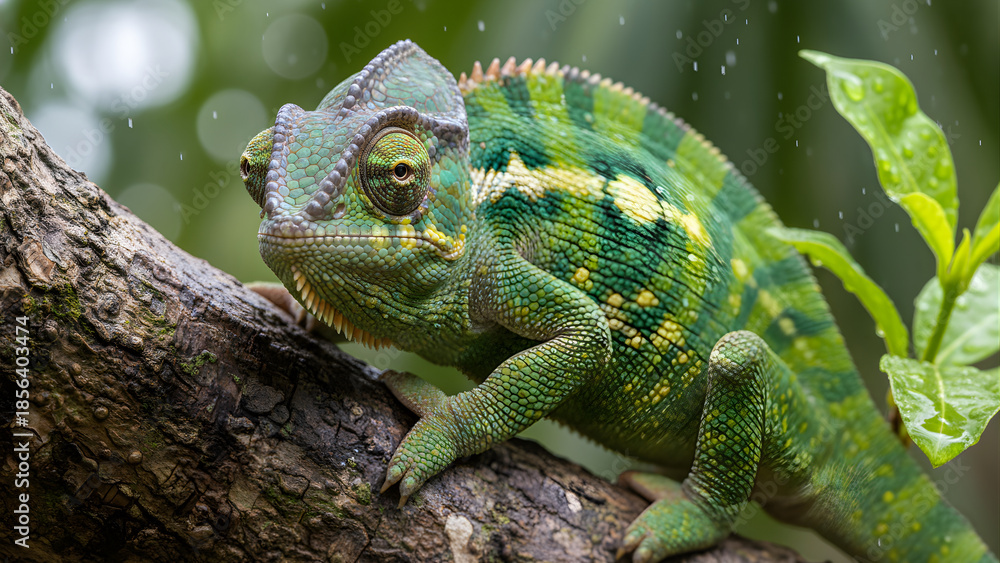 Obraz premium A chameleon changing color on a branch, one eye looking forward and one back, hyper-detailed scales
