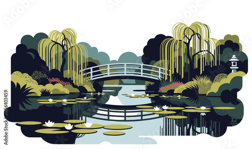Serene Japanese Inspired Garden Pond with Bridge and Water Lilies Illustration