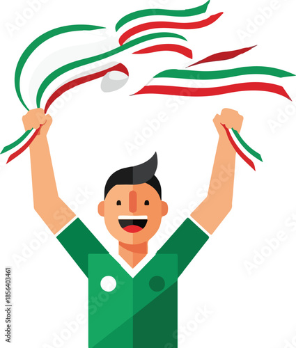 Cartoon Illustration of a Happy Mexican Football Fan Holding National Flag Streamers in Celebration , Generative Ai