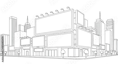 Outline Illustration of Urban Street Scene with Tall Buildings and Advertisements