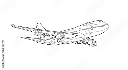 Iconic Boeing 747 Jumbo Jet Commercial Airliner Line Art Drawing Outline