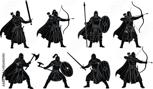 Medieval knight warrior silhouettes set, historical soldier with sword shield and bow vector illustration, ancient fighter collection for fantasy battle games design,