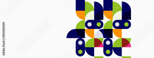 Abstract geometric shapes, colorful patterns, minimalist design. Simple forms create playful visual arrangement. Bright hues dominate composition.