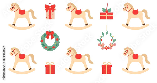 Festive Display of Holiday Cheer: A delightful array of festive elements, including charming rocking horses, cheerful gift boxes, and wreaths, artfully arranged to capture the spirit of the season.
