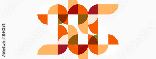 Abstract geometric design. Circles, semicircles create letterform. Warm color palette dominates composition. Minimalist style.