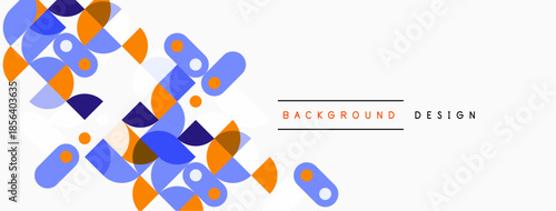 Abstract geometric shapes overlap, creating vibrant background. Orange, blue tones dominate design, simple yet modern aesthetic.