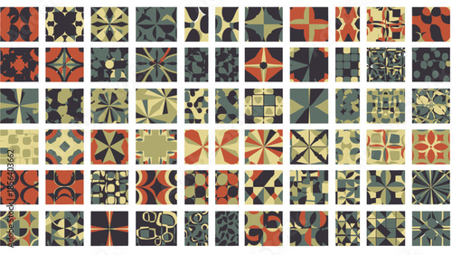 A vibrant digital grid of upscaled abstract patterns, showcasing diverse retro geometric and organic designs for modern graphic art.