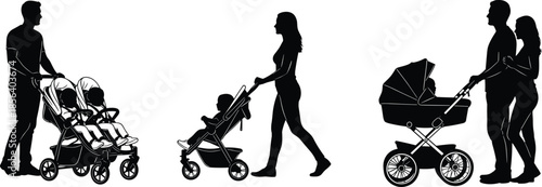 Silhouette collection of parents walking with various strollers, including double twin buggy, single toddler pram, and newborn bassinet carriage, isolated on white background,