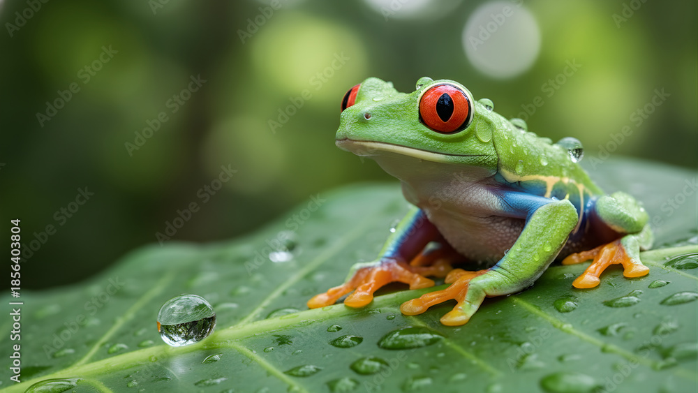 Obraz premium Macro shot of a frog on a vibrant green leaf, suction-cup toes visible, water droplets reflecting the forest. Asimetric composition to the right