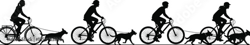 Silhouette of a group of active people riding bicycles and walking dogs on leashes, including a family, healthy outdoor summer recreation, transportation.