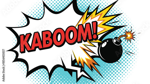 Vibrant comic book explosion sound effect 'KABOOM!' with a stylized bomb graphic, dynamic pop art illustration.