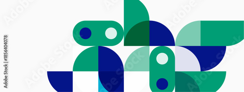 Abstract geometric shapes, blue, green hues. Minimalist design, overlapping forms create dynamic composition. Clean lines, modern aesthetic.