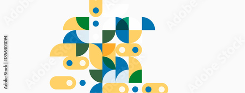 Abstract geometric shapes, vibrant colors, modern design. Composition features overlapping circles, segments, playful arrangement.