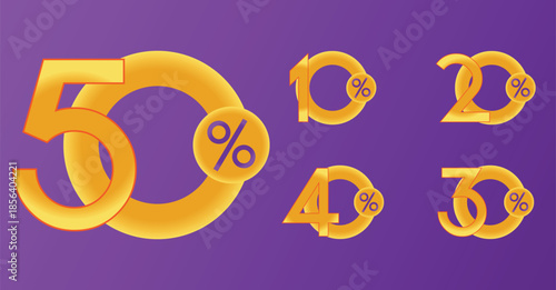 Striking golden percentage discount signs including fifty ten twenty thirty and forty percent isolated on purple.