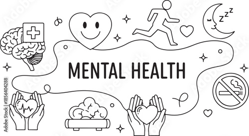 Line art concept illustrating key elements of positive mental health awareness including exercise sleep and brain care.