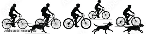 Silhouette of a large family and group riding bicycles with dogs, including parents and children, active healthy lifestyle, outdoor summer recreation, transportation.